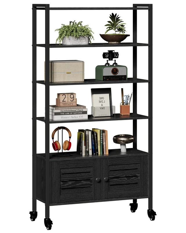 IRONCK Bookshelf with Doors, Storage Shelf, Large Bookcase with Casters, 5 Tier Industrial Shelves, Adjustable Free Standing Display Shelf for Living Room, Office, Dinning Room, 70x30x144cm (Black)