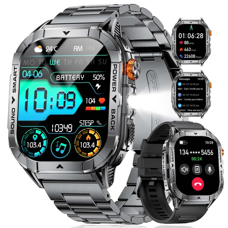 SUNKTA EF17 Mens Smart Watch with LED Flashlight, 2.13'' Amoled HD Display Fitness Tracker Watch, Pedometer/100+ Sport Modes/Sleep/5ATM Waterproof Smartwatch, Compatible iOS Android Smart Watches