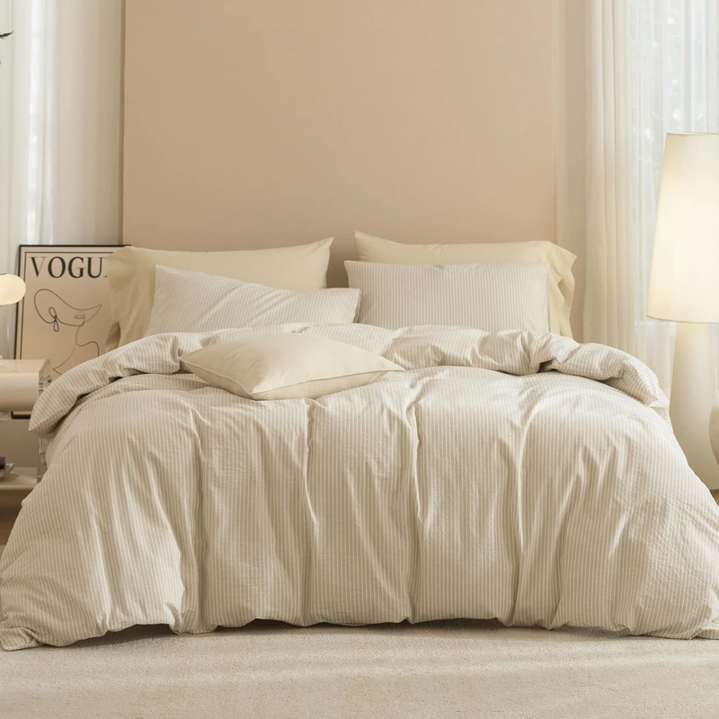 JIYUAN 100% Washed Cotton Striped Duvet Cover Set 3 Pieces King, 1 Duvet Cover and 2 Pillowcases(Comforter Not Included),Linen Like Bedding Set Comfy and Breathable,Pinstripes-Heathered Beige White