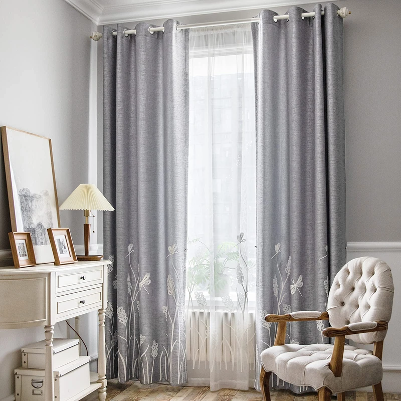 Melodieux Wheat Embroidery Room Darkening Linen Textured Curtains, Living Room Bedroom Farmhouse Floral Patterned Vintage Grommet Window Drapes, White Wheat/Gray, 52" W x 72" L, 2 Panels