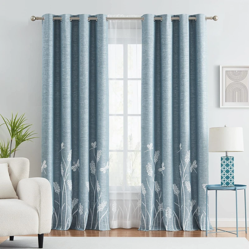 Melodieux Wheat Embroidery Linen Textured Curtains for Living Room Bedroom, Farmhouse Floral Patterned Room Darkening Vintage Grommet Window Drapes, White Wheat/Blue, 52" W x 90" L, 2 Panels