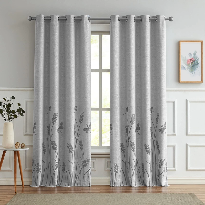 Melodieux Wheat Embroidery Linen Textured Curtains for Living Room Bedroom, Farmhouse Floral Patterned Room Darkening Grommet Window Drapes, Gray Wheat/Grayish White, 52" W x 84" L, 2 Panels