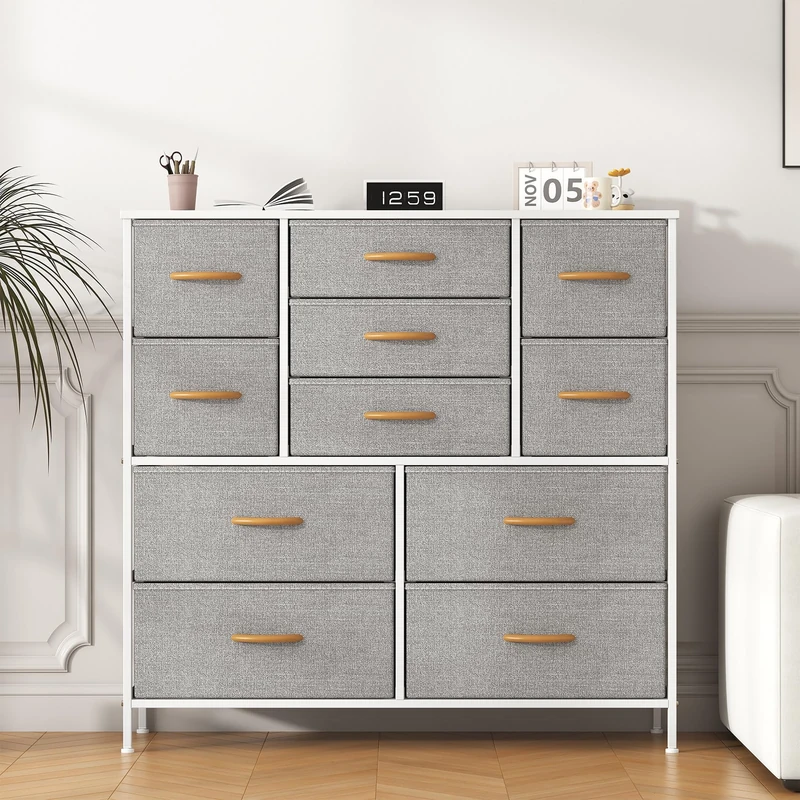 Feonase Chest of Drawers,Bedroom Tall Dresser with 11 Fabric Drawers, Metal Frame & MDF Wood Top, Adjustable Feet, Storage Organizer Unit for Bedroom, Closet, Living Room, Office Hallway, Light Grey