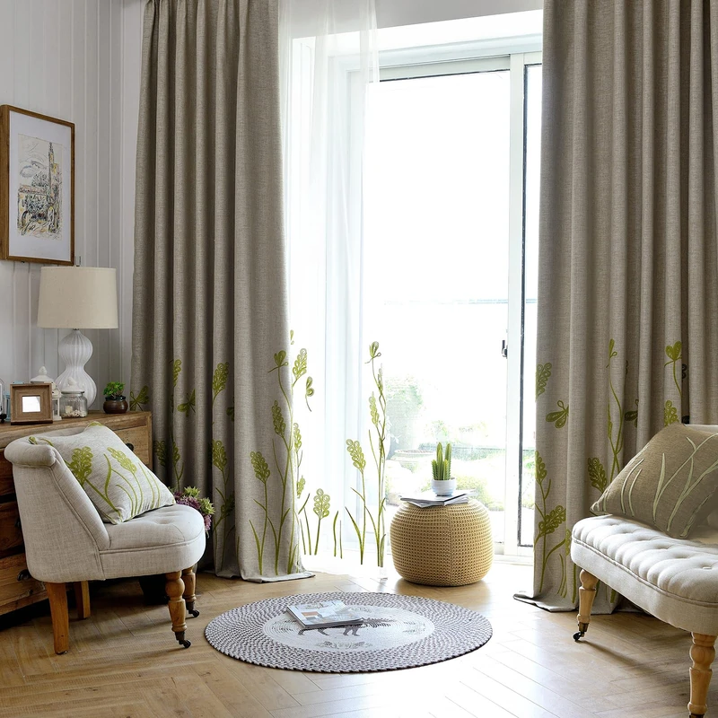Melodieux Wheat Embroidery Linen Textured Curtains for Living Room Bedroom, Room Darkening Farmhouse Floral Patterned Grommet Window Drapes, Green Wheat/Beige, 52" W x 72" L, 2 Panels