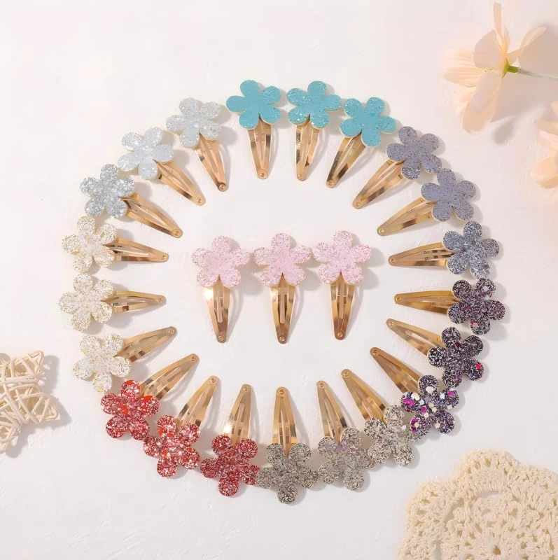 24 PCS 2.5 Inches Snap Hair Clips No Slip Metal Flower Hair Clips Sequin Snap Hair Barrettes Hairpins Accessories for Fine Hair Women Teens
