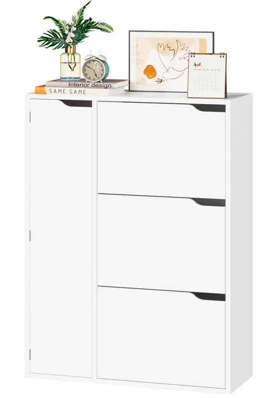 IRONCK Shoe Storage Cabinet Cupboard, 3 Flip Drawers, Shoe Rack Cabinet Hallway with Boot Cabinet, Free Standing Wooden Shoe Storage Organiser Unit, Entryway Living Room Furniture, 77x30x112cm (White)