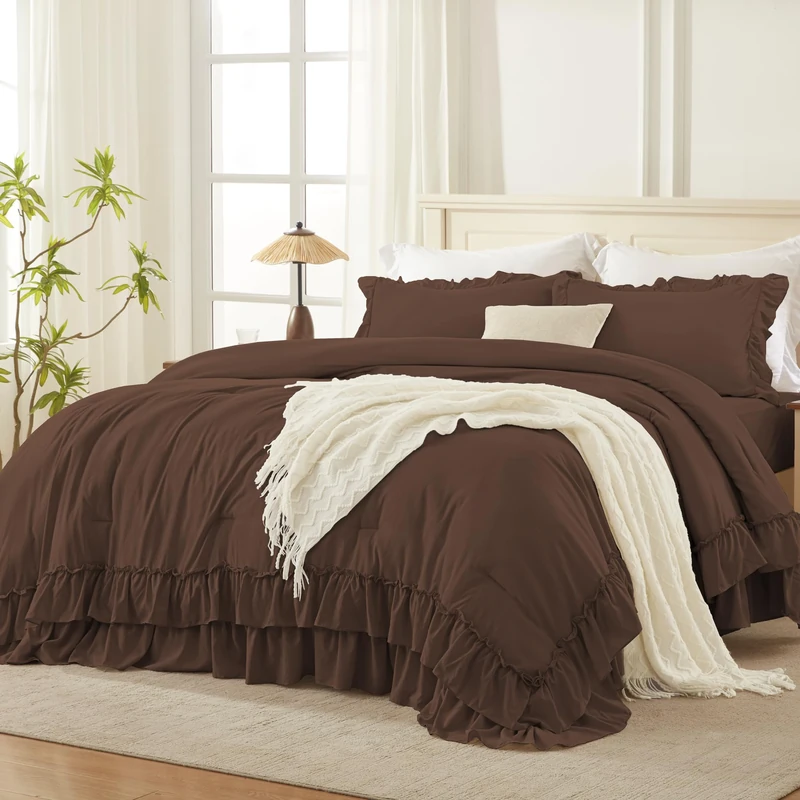 Andency Ruffle Oversized Queen Comforter Set, Brown, 3 Pieces