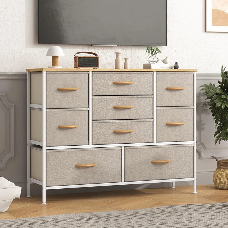 Feonase Chest of Drawers,Bedroom Dresser with 9 Fabric Drawers, Metal Frame & MDF Wood Top, Adjustable Feet, Storage Organizer Unit for Bedroom, Closet, Living Room, Office Hallway, Khaki