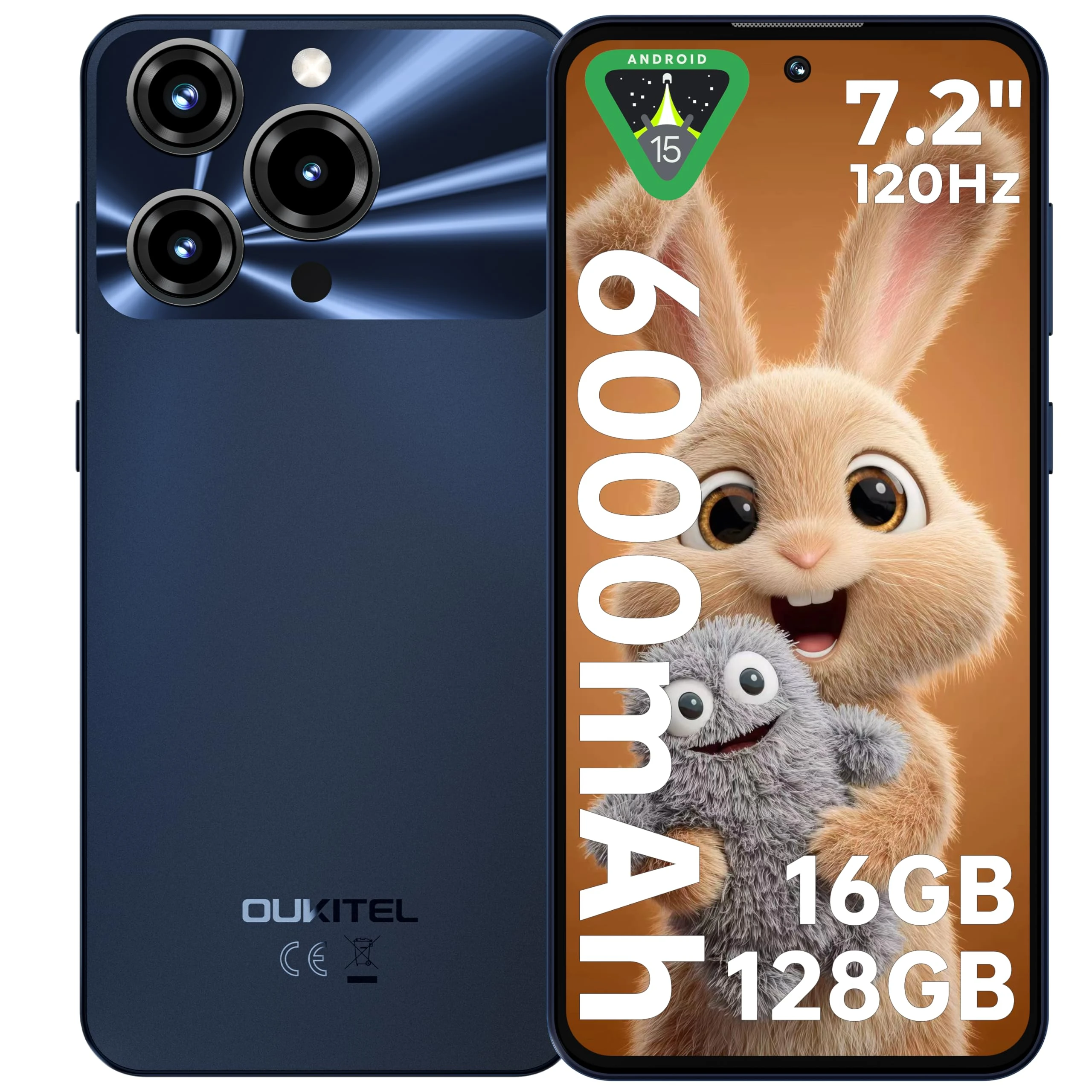OUKITEL C69 Mobile Phones - Android 15 Smartphone, 7.2" HD+ Large Display, 64MP Camera, 6000mAh Battery Phones, 16GB+128GB/1TB, 4G Dual SIM Free Mobile Phone, Fingerprint/Face ID/GPS/BT5.0, Black
