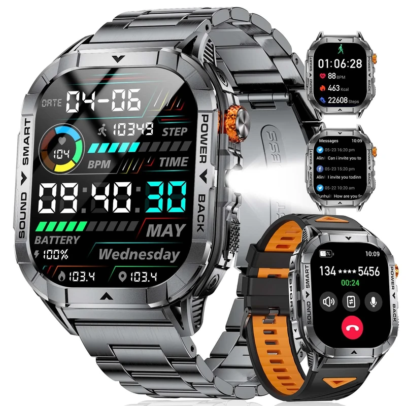 SUNKTA EF17 Military Smart Watch for Men, 2.13'' Amoled HD Display Fitness Tracker Watch with LED Flashlight, Pedometer/100+ Sport Modes/Sleep/5ATM Waterproof Smartwatch, iOS Android Smart Watches