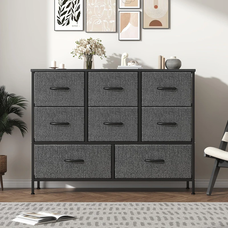 Feonase Chest of Drawers,Bedroom Dresser with 8 Fabric Drawers, Metal Frame & MDF Wood Top, Adjustable Feet, Storage Organizer Unit for Bedroom, Closet, Living Room, Office Hallway, Deep Grey