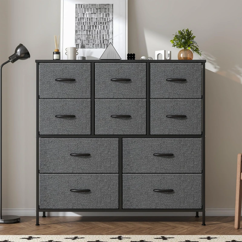 Feonase Chest of Drawers,Bedroom Tall Dresser with 10 Fabric Drawers, Metal Frame & MDF Wood Top, Adjustable Feet, Storage Organizer Unit for Bedroom, Closet, Living Room, Office Hallway, Deep Grey