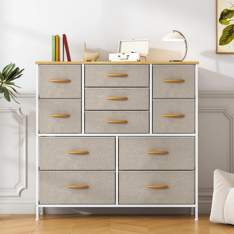 Feonase Chest of Drawers,Bedroom Tall Dresser with 11 Fabric Drawers, Metal Frame & MDF Wood Top, Adjustable Feet, Storage Organizer Unit for Bedroom, Closet, Living Room, Office Hallway, Khaki