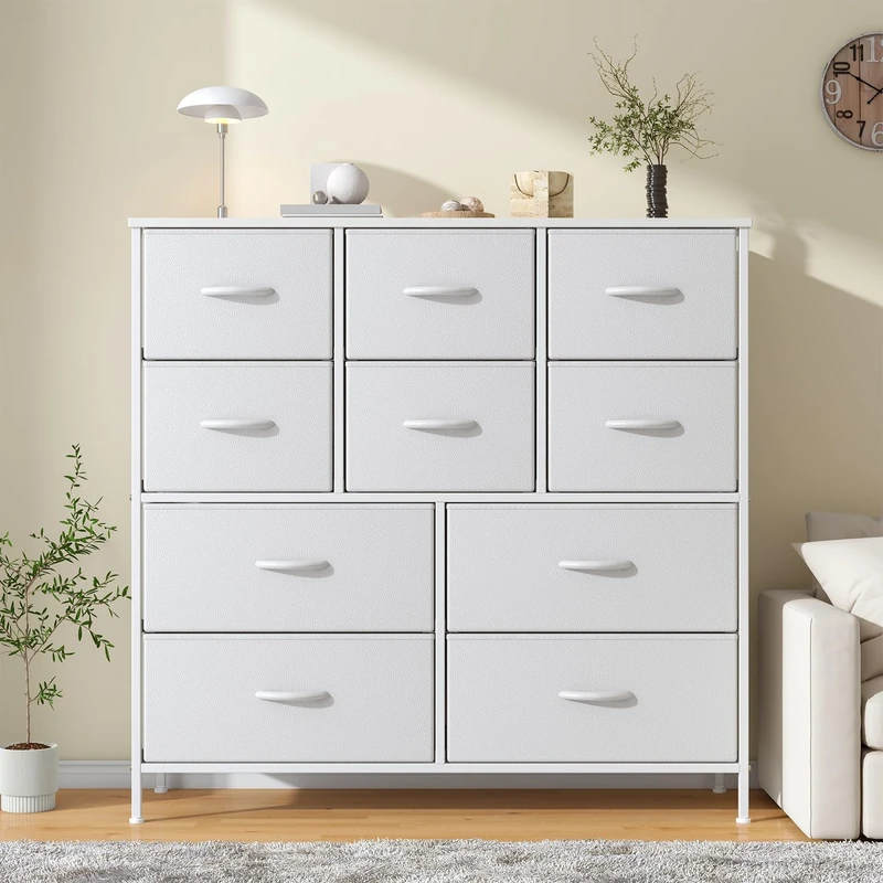Feonase Chest of Drawers,Bedroom Tall Dresser with 10 Fabric Drawers, Metal Frame & MDF Wood Top, Adjustable Feet, Storage Organizer Unit for Bedroom, Closet, Living Room, Office Hallway, White