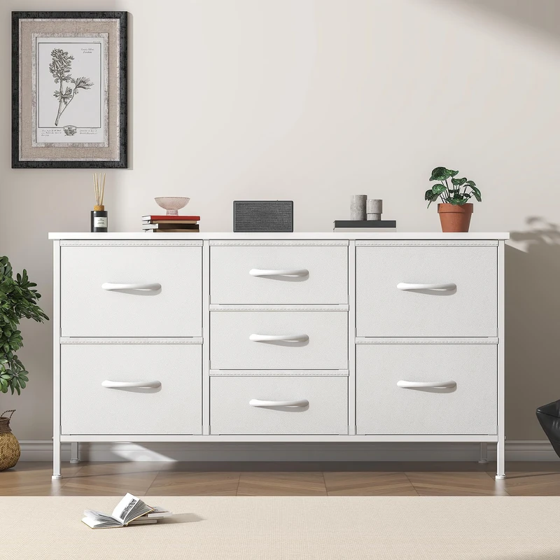 Feonase Chest of Drawers,Bedroom Dresser with 7 Fabric Drawers, Metal Frame & MDF Wood Top, Adjustable Feet, Storage Organizer Unit for Bedroom, Closet, Living Room, Office Hallway, White