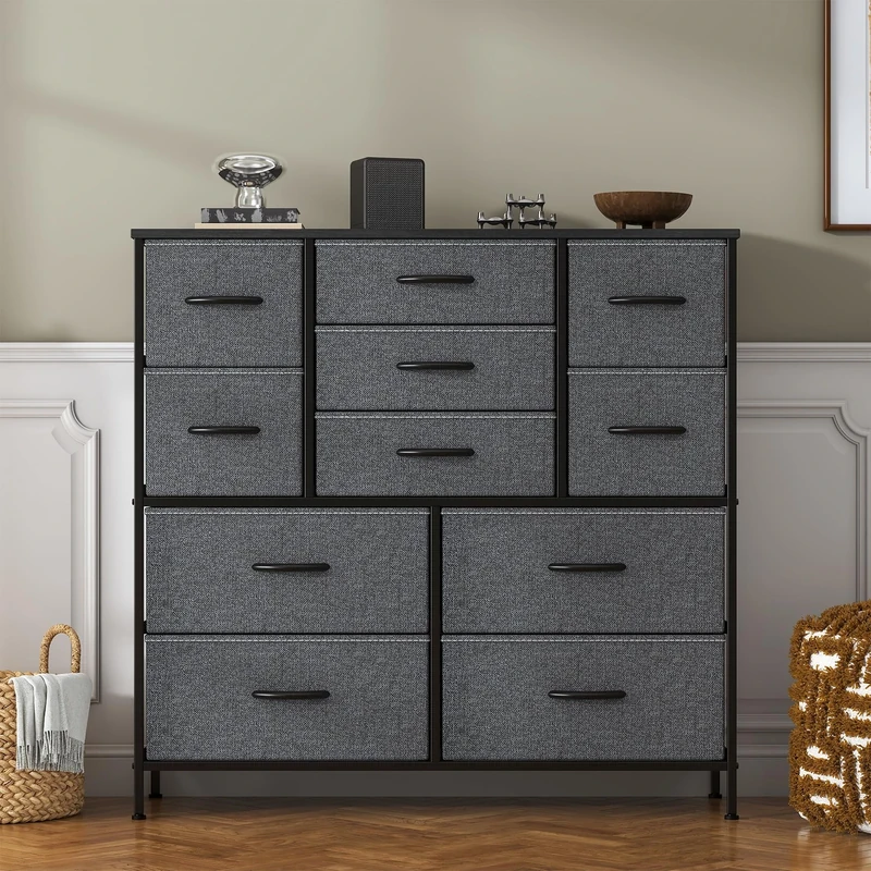Feonase Chest of Drawers,Bedroom Tall Dresser with 11 Fabric Drawers, Metal Frame & MDF Wood Top, Adjustable Feet, Storage Organizer Unit for Bedroom, Closet, Living Room, Office Hallway, Deep Grey