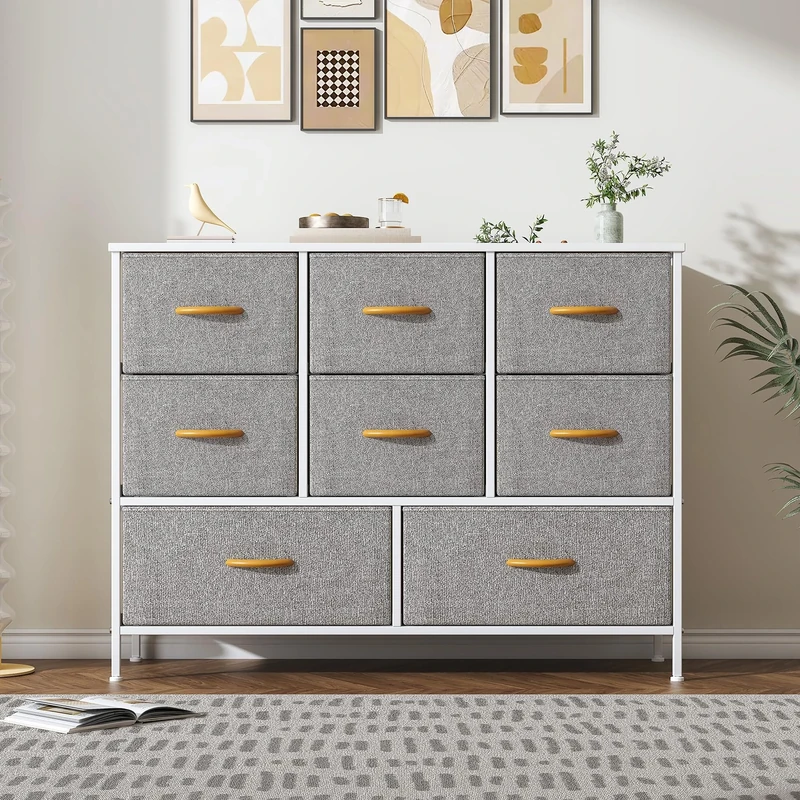 Feonase Chest of Drawers,Bedroom Dresser with 8 Fabric Drawers, Metal Frame & MDF Wood Top, Adjustable Feet, Storage Organizer Unit for Bedroom, Closet, Living Room, Office Hallway, Light Grey