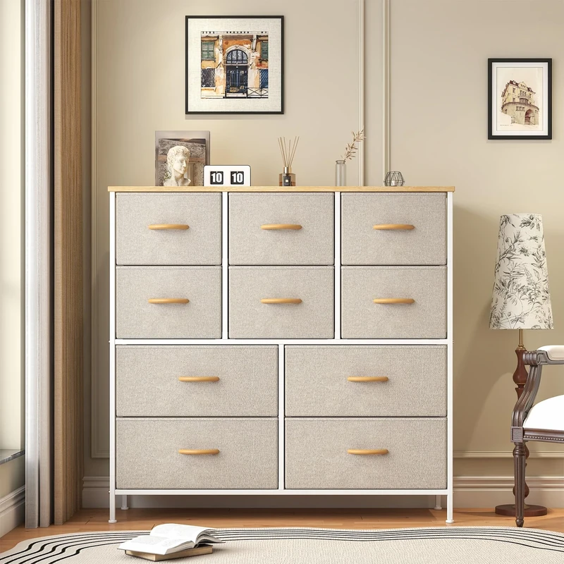 Feonase Chest of Drawers,Bedroom Tall Dresser with 10 Fabric Drawers, Metal Frame & MDF Wood Top, Adjustable Feet, Storage Organizer Unit for Bedroom, Closet, Living Room, Office Hallway, Khaki