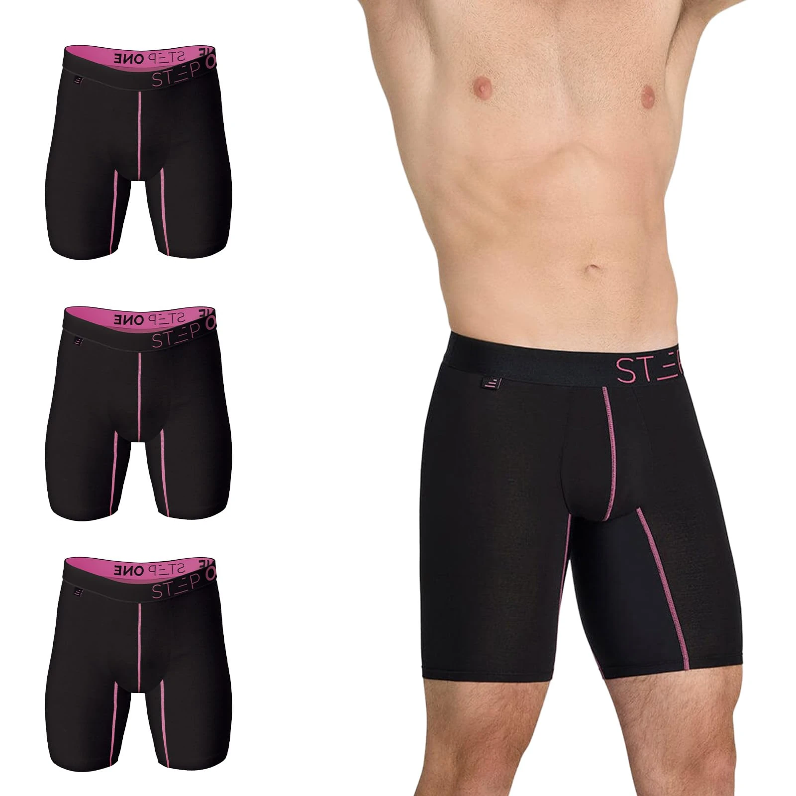 STEP ONE Boxer Brief Sport. Longer Length Mens Boxers Shorts with 3D Pouch, Anti Chafing Underwear Mens, Breathable Bamboo, All-Day Comfort for Sports & Fitness Black and Pink X 3 L