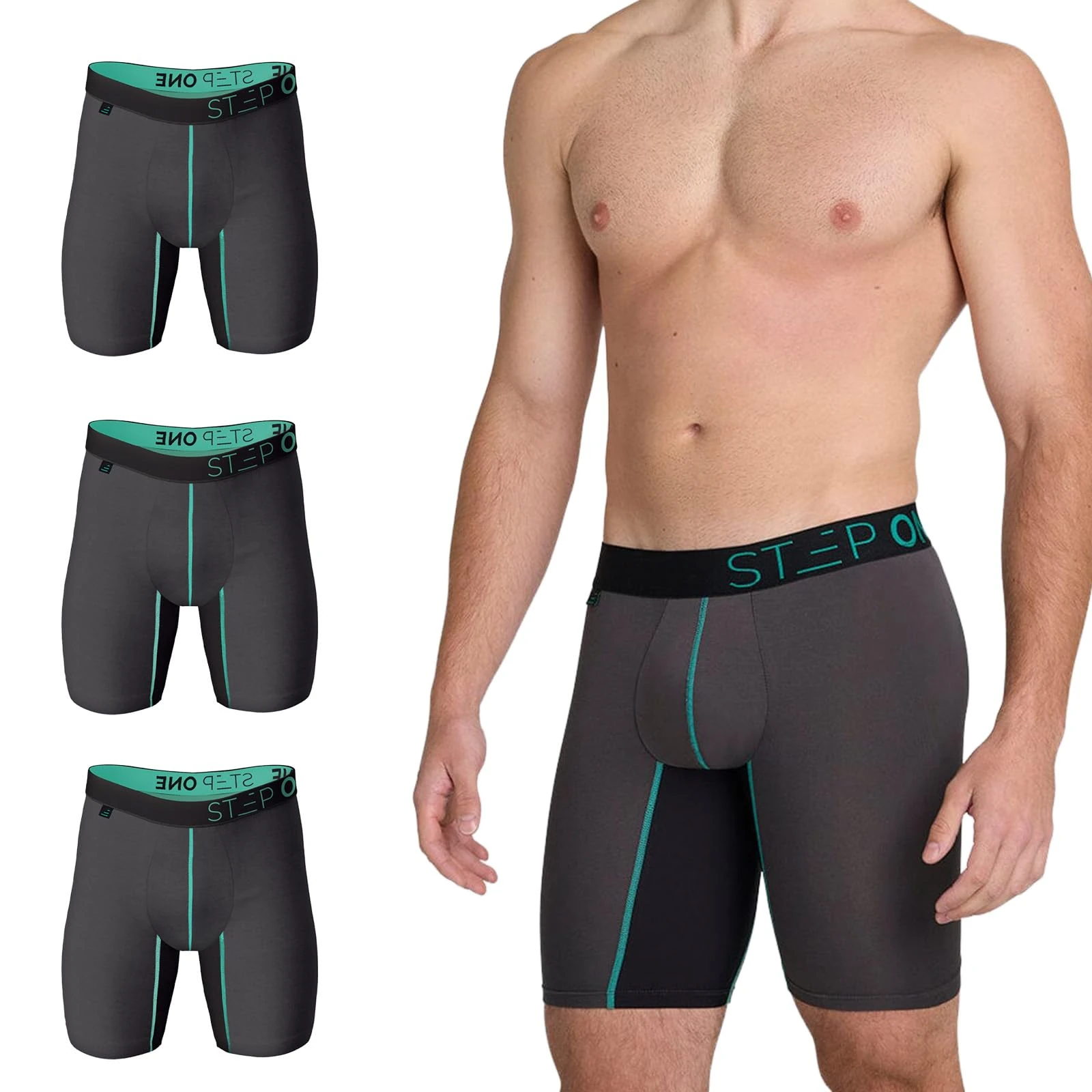 STEP ONE Boxer Brief Sport. Longer Length Mens Boxers Shorts with 3D Pouch, Anti Chafing Underwear Mens, Breathable Bamboo, All-Day Comfort for Sports & Fitness Grey and Teal X 3 L