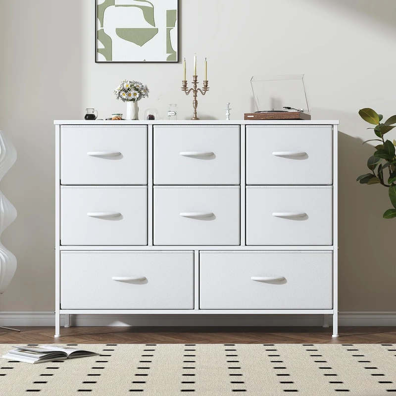 Feonase Chest of Drawers,Bedroom Dresser with 8 Fabric Drawers, Metal Frame & MDF Wood Top, Adjustable Feet, Storage Organizer Unit for Bedroom, Closet, Living Room, Office Hallway, White