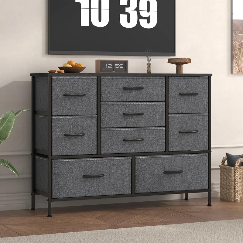 Feonase Chest of Drawers,Bedroom Dresser with 9 Fabric Drawers, Metal Frame & MDF Wood Top, Adjustable Feet, Storage Organizer Unit for Bedroom, Closet, Living Room, Office Hallway, Deep Grey