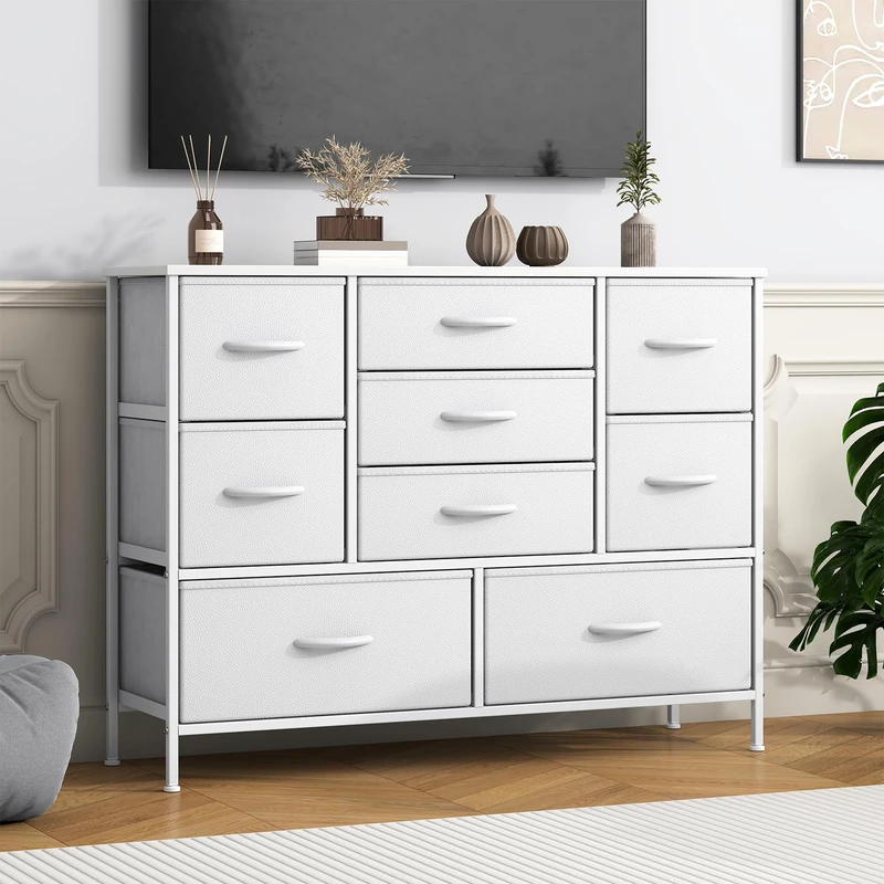 Feonase Chest of Drawers,Bedroom Dresser with 9 Fabric Drawers, Metal Frame & MDF Wood Top, Adjustable Feet, Storage Organizer Unit for Bedroom, Closet, Living Room, Office Hallway, White