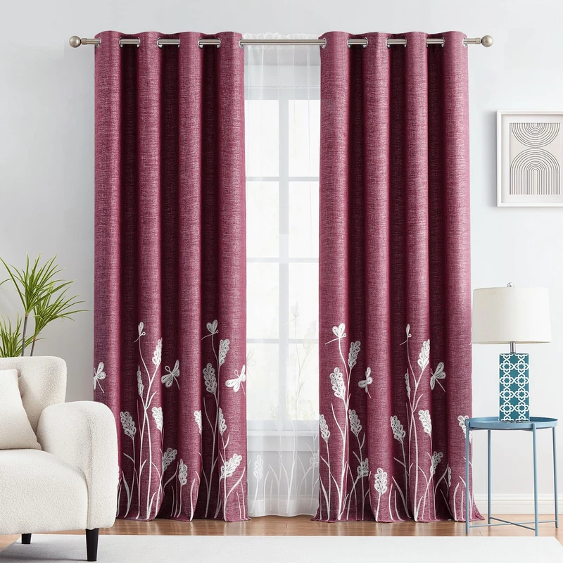 Melodieux Wheat Embroidery Linen Textured Curtains for Living Room Bedroom, Farmhouse Patterned Room Darkening Floral Window Drapes Grommet, White Wheat/Burgundy, 52" W x 84" L, 2 Panels