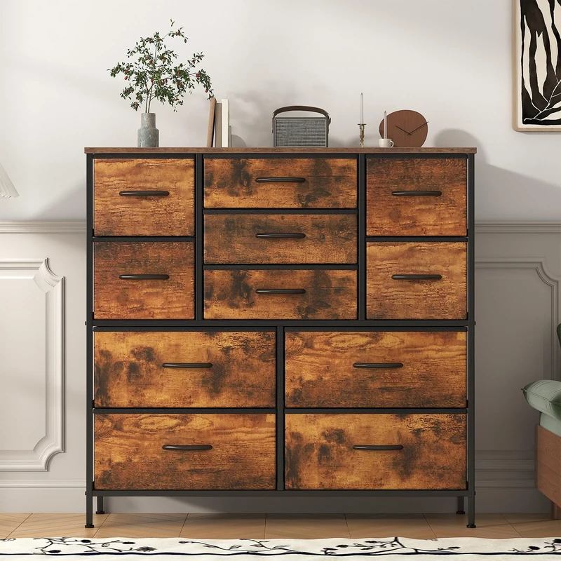 Feonase Chest of Drawers,Bedroom Tall Dresser with 11 Fabric Drawers, Metal Frame & MDF Wood Top, Adjustable Feet, Storage Organizer Unit for Bedroom, Closet, Living Room, Office Hallway Rustic Brown