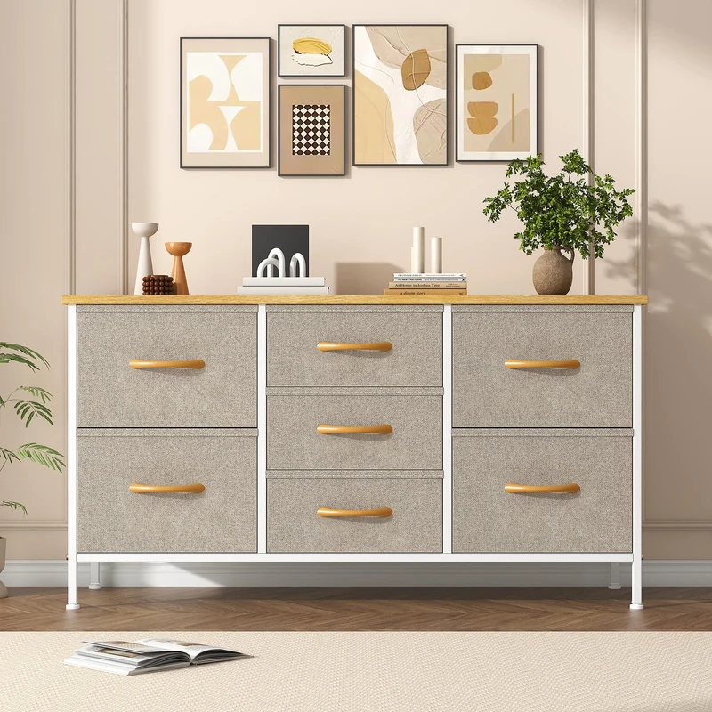 Feonase Chest of Drawers,Bedroom Dresser with 7 Fabric Drawers, Metal Frame & MDF Wood Top, Adjustable Feet, Storage Organizer Unit for Bedroom, Closet, Living Room, Office Hallway, Khaki