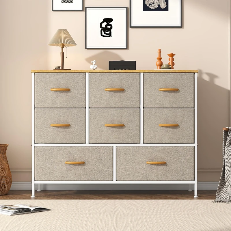 Feonase Chest of Drawers,Bedroom Dresser with 8 Fabric Drawers, Metal Frame & MDF Wood Top, Adjustable Feet, Storage Organizer Unit for Bedroom, Closet, Living Room, Office Hallway, Khaki
