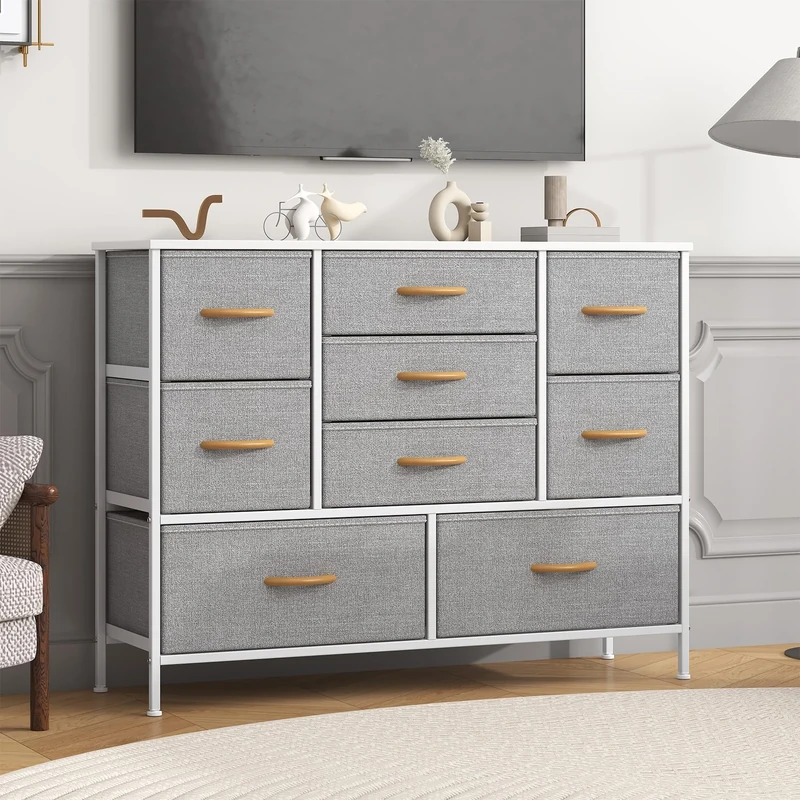 Feonase Chest of Drawers,Bedroom Dresser with 9 Fabric Drawers, Metal Frame & MDF Wood Top, Adjustable Feet, Storage Organizer Unit for Bedroom, Closet, Living Room, Office Hallway, Light Grey