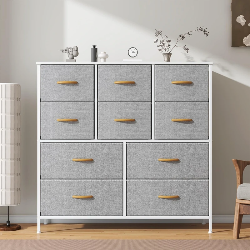 Feonase Chest of Drawers,Bedroom Tall Dresser with 10 Fabric Drawers, Metal Frame & MDF Wood Top, Adjustable Feet, Storage Organizer Unit for Bedroom, Closet, Living Room, Office Hallway, Light Grey
