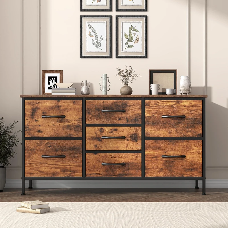 Feonase Chest of Drawers,Bedroom Dresser with 7 Fabric Drawers, Metal Frame & MDF Wood Top, Adjustable Feet, Storage Organizer Unit for Bedroom, Closet, Living Room, Office Hallway, Rustic Brown