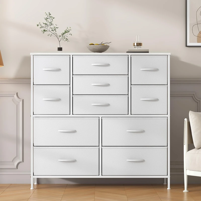Feonase Chest of Drawers,Bedroom Tall Dresser with 11 Fabric Drawers, Metal Frame & MDF Wood Top, Adjustable Feet, Storage Organizer Unit for Bedroom, Closet, Living Room, Office Hallway, White