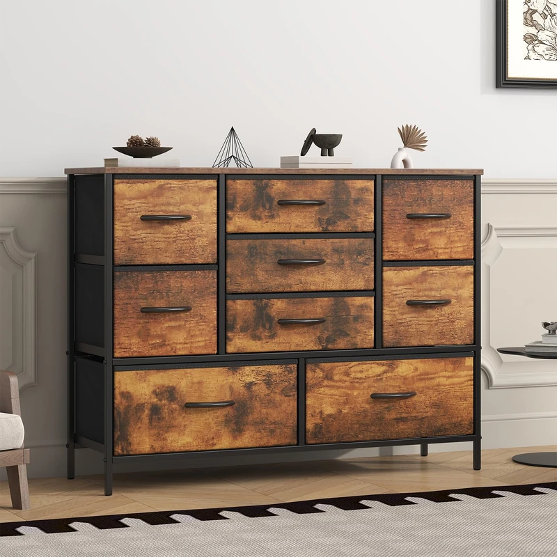 Feonase Chest of Drawers,Bedroom Dresser with 9 Fabric Drawers, Metal Frame & MDF Wood Top, Adjustable Feet, Storage Organizer Unit for Bedroom, Closet, Living Room, Office Hallway, Rustic Brown