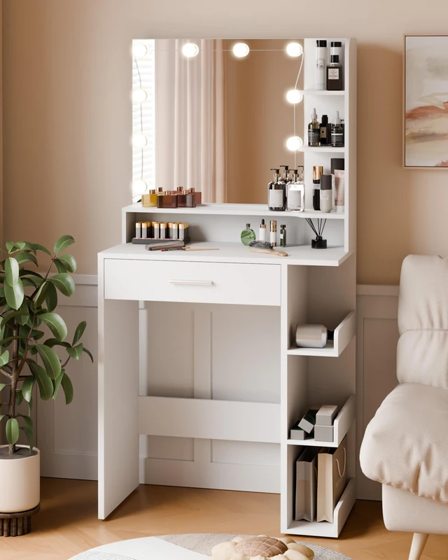 Mondeer Dressing Table with Mirror and 10 LED Bulbs, Vanity Table, White