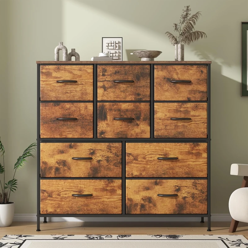 Feonase Chest of Drawers,Bedroom Tall Dresser with 10 Fabric Drawers, Metal Frame & MDF Wood Top, Adjustable Feet, Storage Organizer Unit for Bedroom, Closet, Living Room, Office Hallway Rustic Brown