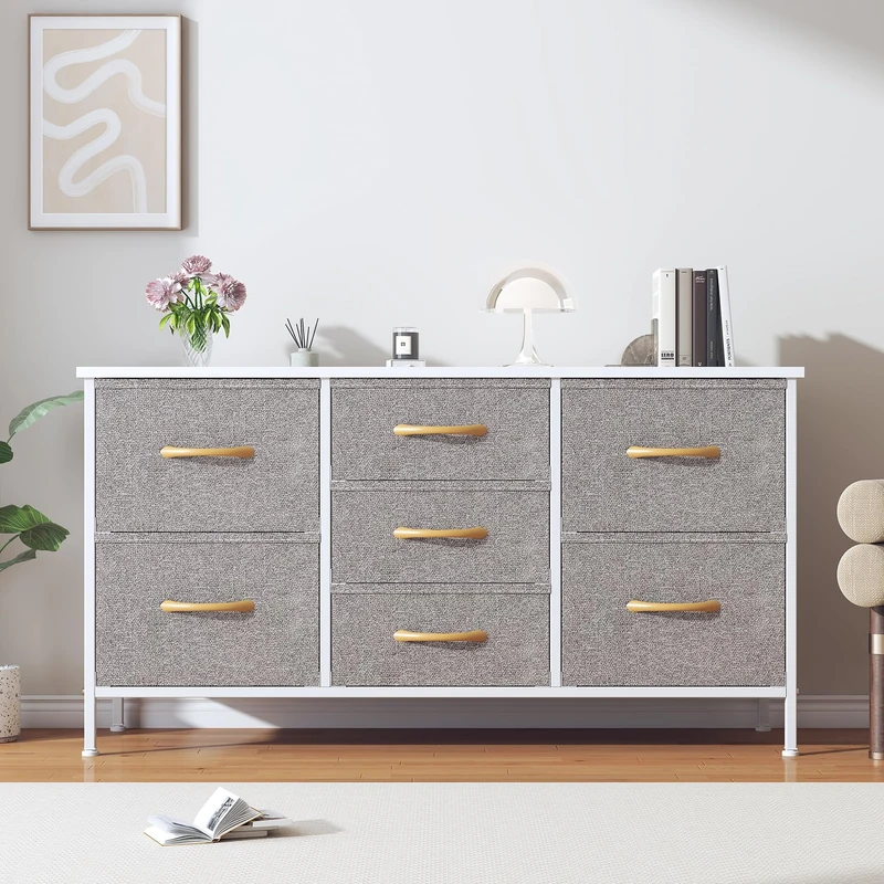 Feonase Chest of Drawers,Bedroom Dresser with 7 Fabric Drawers, Metal Frame & MDF Wood Top, Adjustable Feet, Storage Organizer Unit for Bedroom, Closet, Living Room, Office Hallway, Light Grey