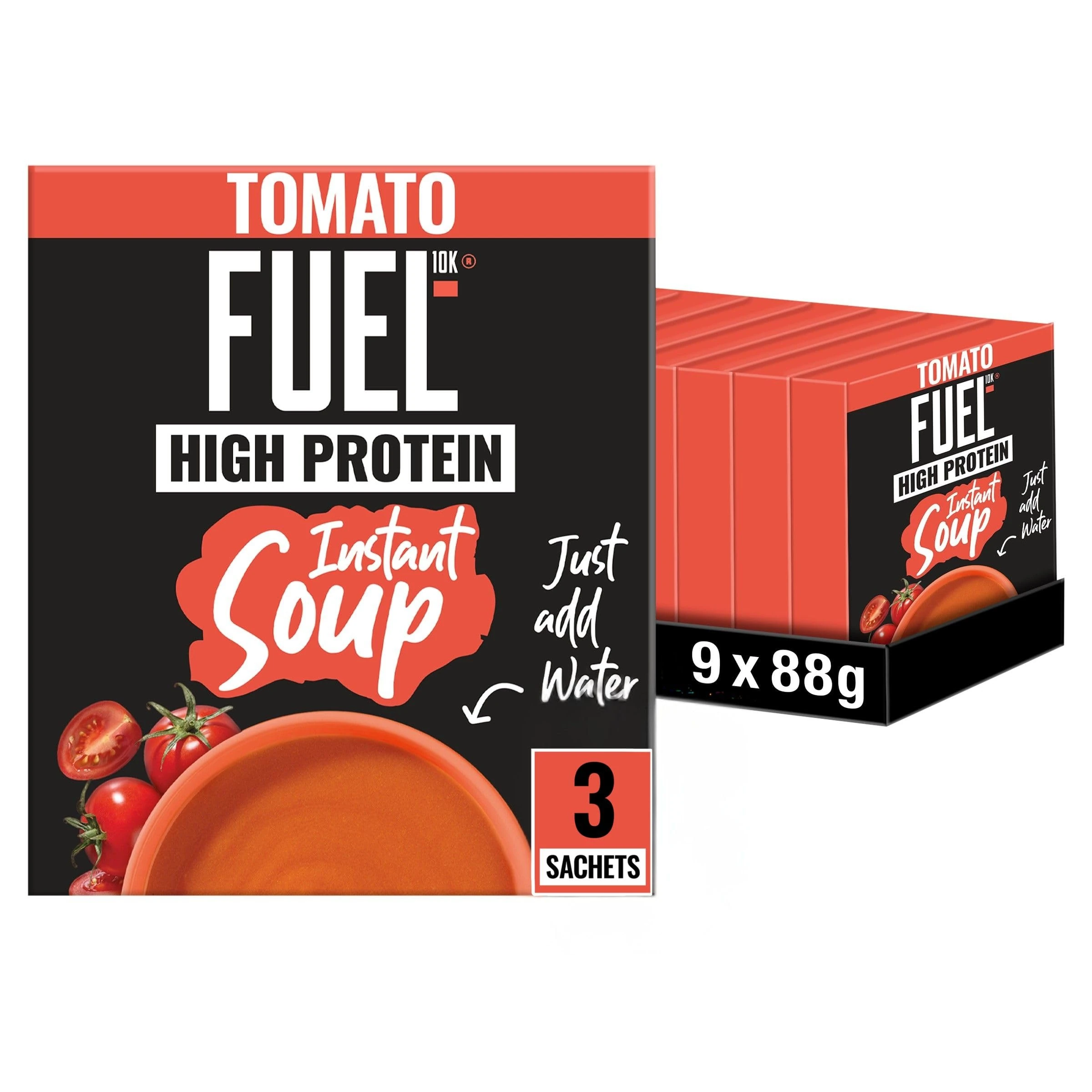 FUEL10K High Protein Tomato Instant Cup Soup, 3 Sachets Per 88g Box, (Total 9 Boxes = 27 Sachets)
