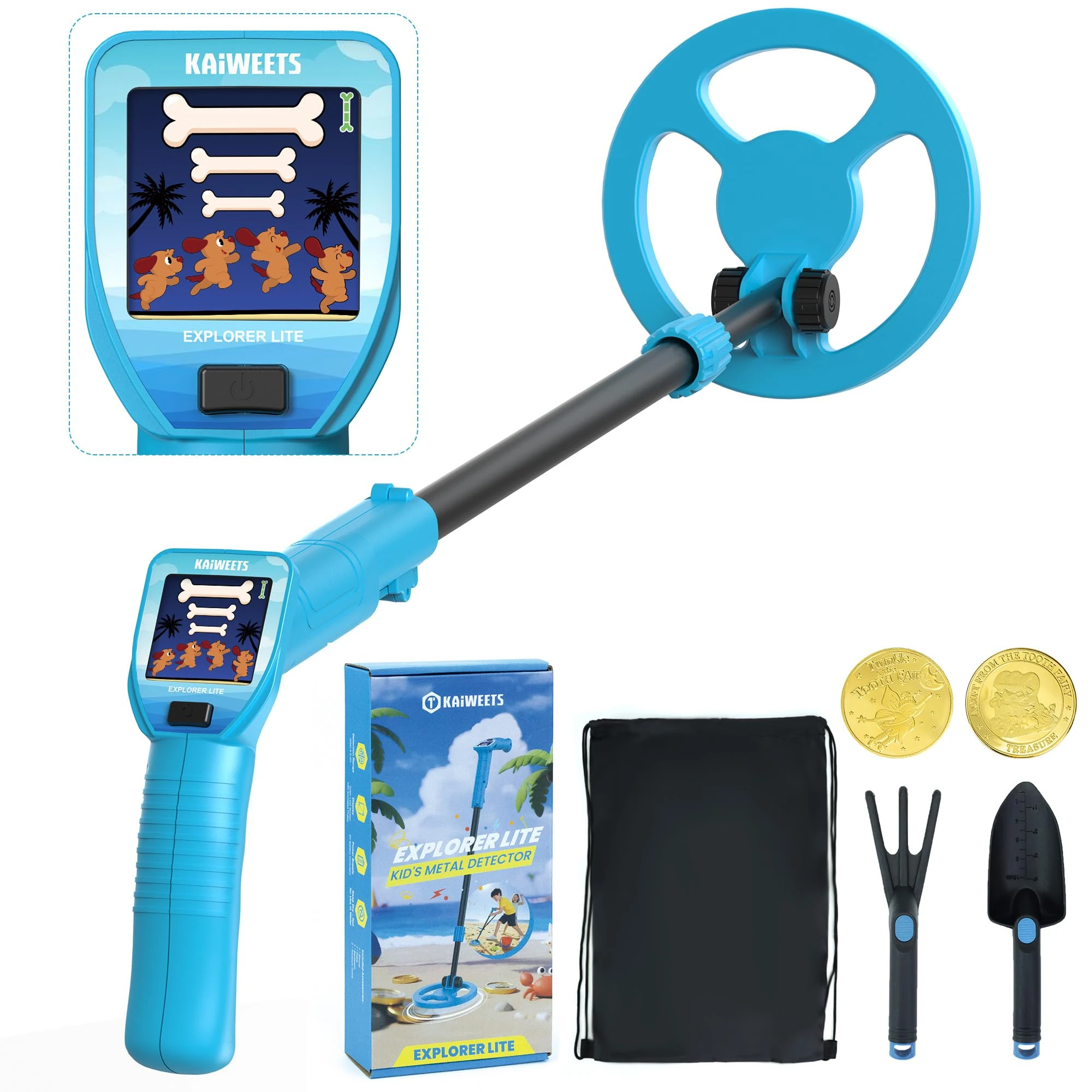 KAIWEETS 2025 Metal Detector with Animated Colour LCD, Blue Adjustable Stem, Lightweight Treasure Hunting Kit with Backpack, Shovel, Rake & Bonus Coins – Great Birthday