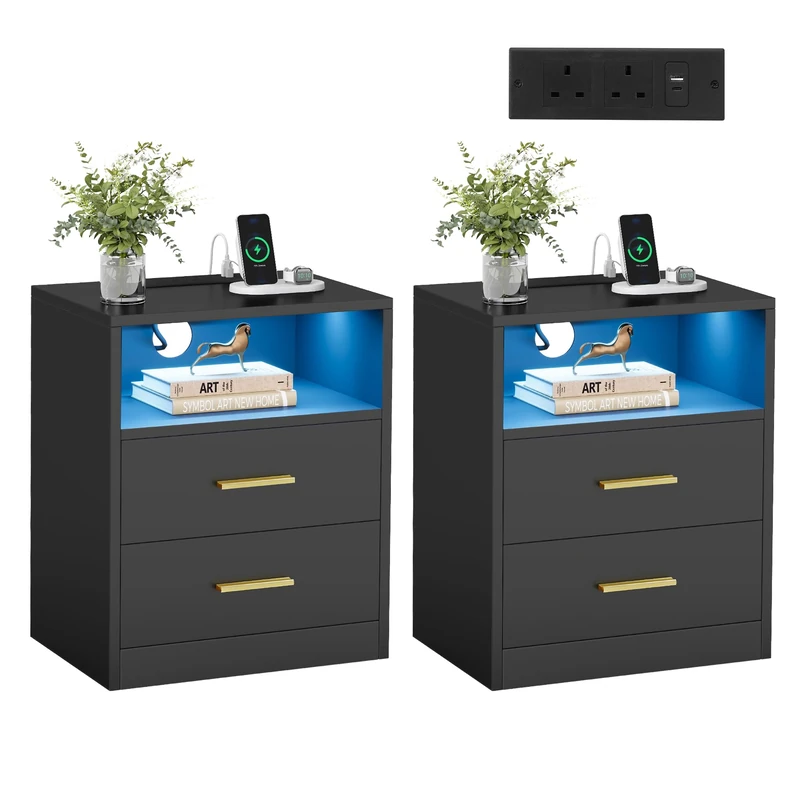 VASAGLE Bedside Table with Drawers，Black LET829BC02