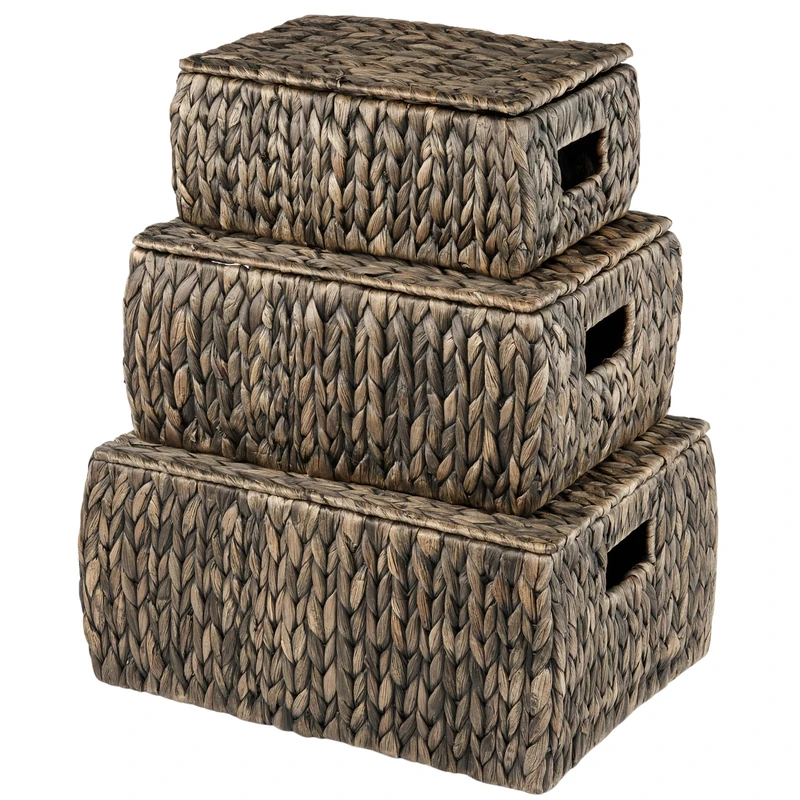 84ECO Set of 3 Black Wicker Baskets with Lid - Storage