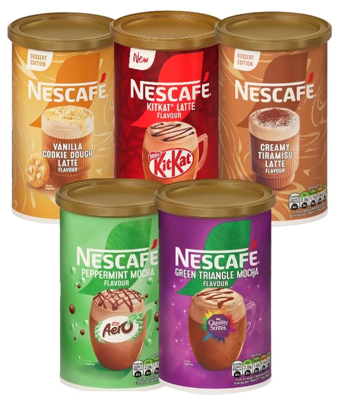 NESCAFÉ Instant Coffee Tin Variety Pack (Pack of 5) Flavours - Aero Peppermint Mocha, Green Triangle Mocha, KitKat, Creamy Tiramisu, Vanilla Cookie Dough Latte