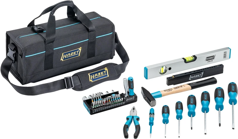 HAZET Universal Tool Bag 191T-5/51 Small 51 Pieces with Screwdrivers, Pliers, Hammer, Spirit Level, Bit Set, Bag with Zipper Inner Pocket