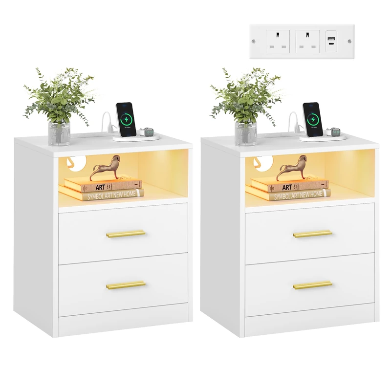 VASAGLE Bedside Table with Drawers，Set of 2,White LET829WB02