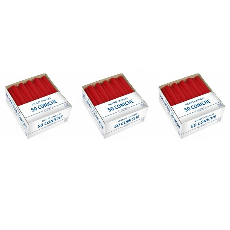 3 Packs of 50 Conical Candles Diameter 2.2 cm Height 21 cm (150 Candles) - Red Colour - Burn Time 5 Hours - Standard for Candelabra - Cereria Di Giorgio
