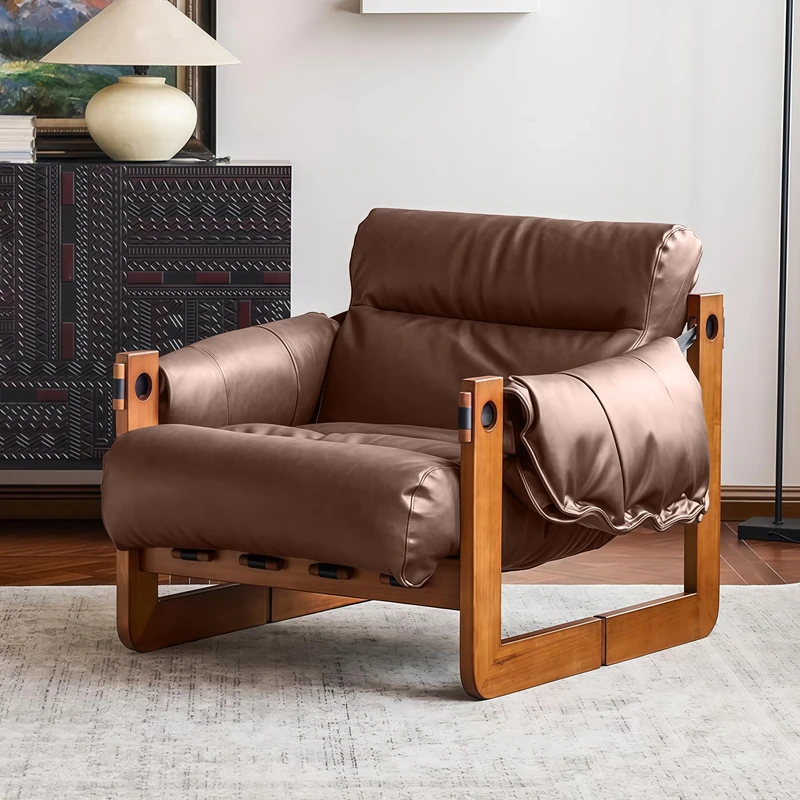 Mid Century Armchair, PU Leather Accent Chair for Living Room, Occasional Chair with Solid Wood Legs, Lounge Reading Chairs for Bedroom, Brown