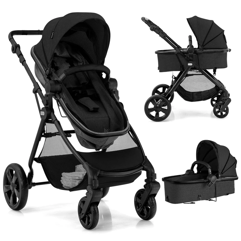 GYMAX Foldable Baby Stroller, All in One Toddler Pushchair with Adjustable Backrest/Canopy and Storage Bag, Portable Convertible Buggy Pram for Newborns (Black, Without footmuff: 89 x 60 x 111 cm)