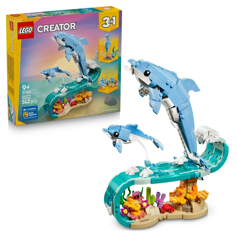 LEGO Creator 3in1 Sea Animals: Beautiful Dolphins Toy - Sea Animal Figure Transforms into a Seahorse or Crab - DIY Room Decor Idea - Creative Gift for 9+ Year Old Girls & Boys - 31385